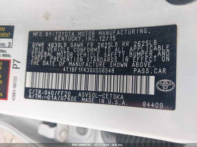 Toyota CAMRY SE 2016 4T1BF1FK3GU556548 Image 9