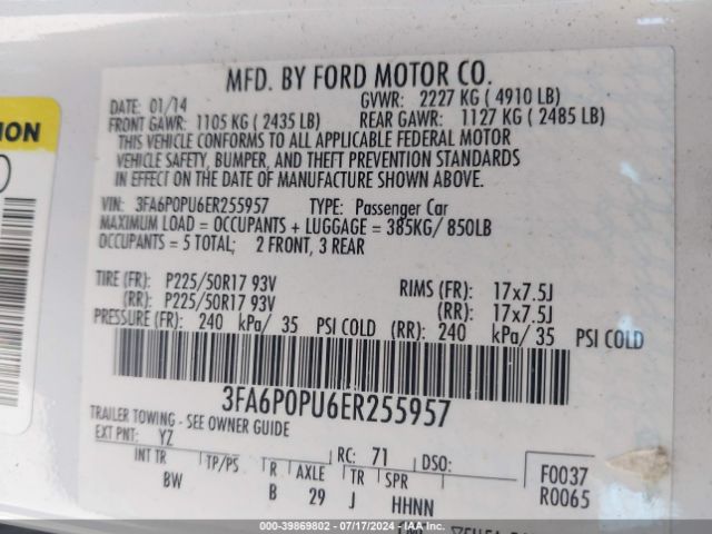 3FA6P0PU6ER255957 Ford Fusion Energi Se Luxury