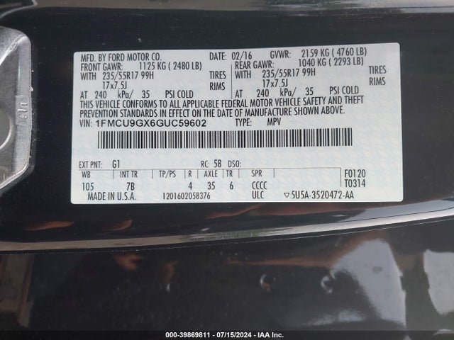 Ford ESCAPE SE 2016 1FMCU9GX6GUC59602 Image 9