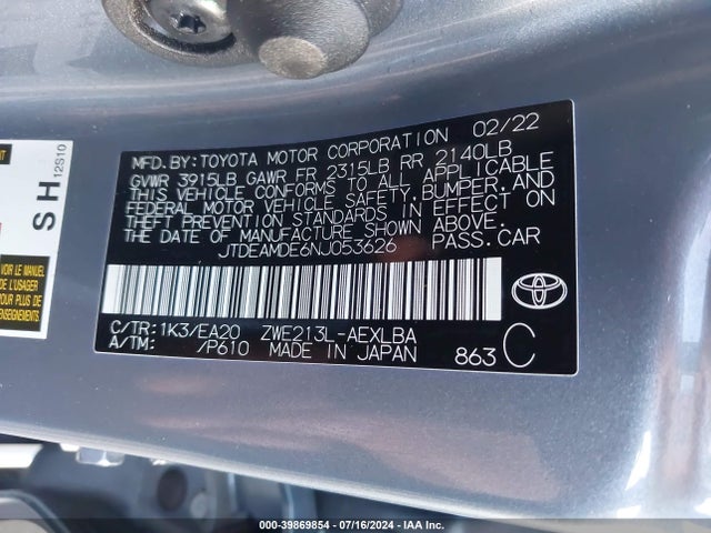 JTDEAMDE6NJ053626 Toyota Corolla Hybrid Le