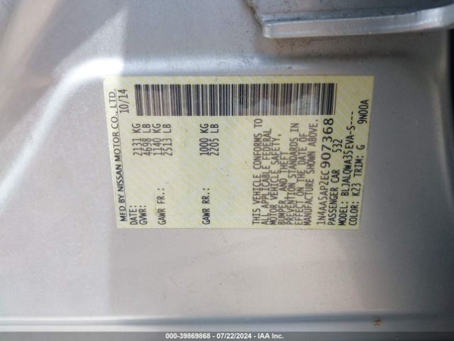 1N4AA5AP2EC907368 Nissan Maxima 3.5 S