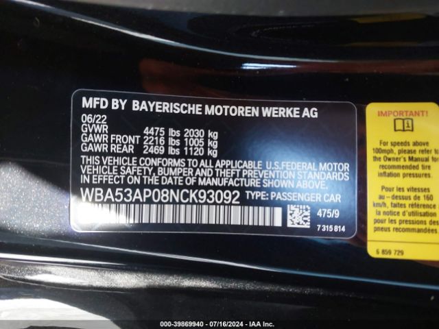 WBA53AP08NCK93092 BMW 430I