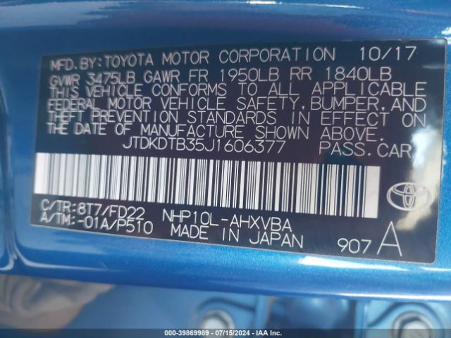 JTDKDTB35J1606377 Toyota Prius C One