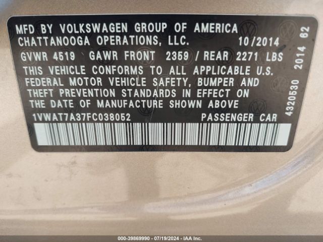 1VWAT7A37FC038052 Volkswagen Passat 1.8t Wolfsburg Edition