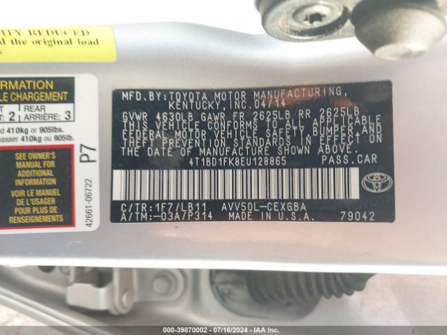 4T1BD1FK8EU128865 Toyota Camry Hybrid Xle