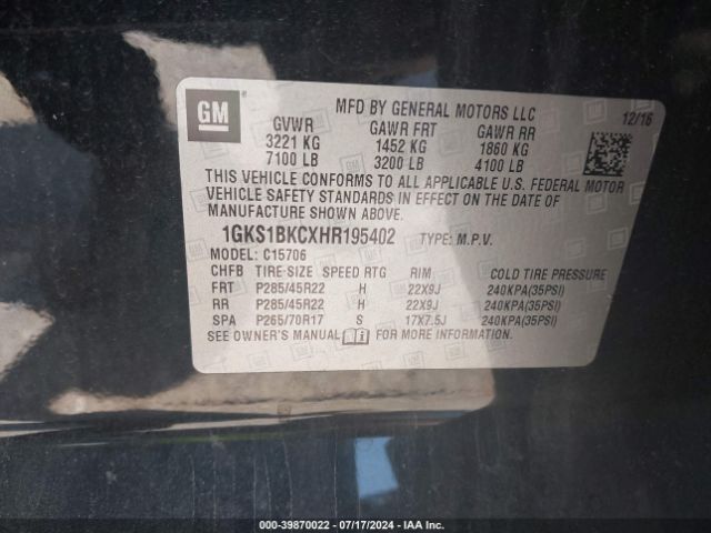 1GKS1BKCXHR195402 GMC YUKON SLT