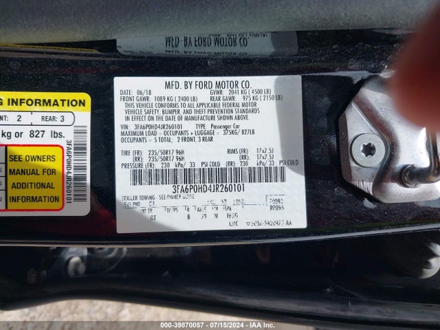 Ford FUSION SE 2018 3FA6P0HD4JR260101 Image 9