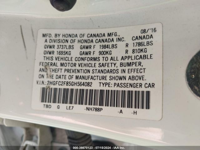 2HGFC2F85GH564082 Honda CIVIC EX