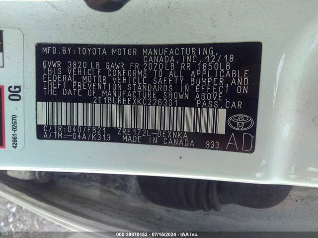 Toyota COROLLA LE 2019 2T1BURHEXKC226301 Image 9