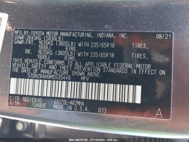 Toyota Highlander Xle 2021 5TDHZRAH6MS535449 Image 9