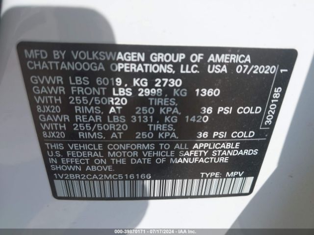 1V2BR2CA2MC516166 Volkswagen Atlas 3.6l V6 Sel