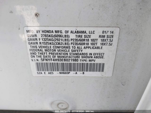 5FNYF4H93EB021980 Honda Pilot Touring