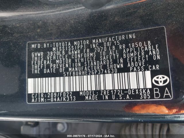 5YFBURHE2GP374630 Toyota Corolla S Plus