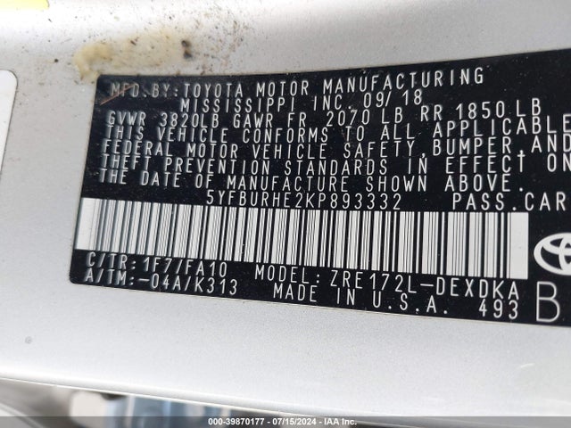 Toyota COROLLA L 2019 5YFBURHE2KP893332 Image 9
