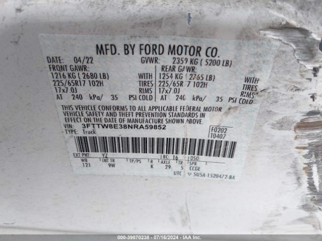 3FTTW8E38NRA59852 Ford Maverick Xl