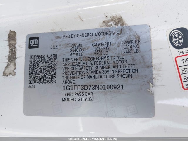1G1FF3D73N0100921 Chevrolet Camaro Rwd  1ss
