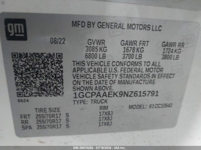 1GCPAAEK9NZ615791 Chevrolet Silverado 1500 2wd  Short Bed Wt
