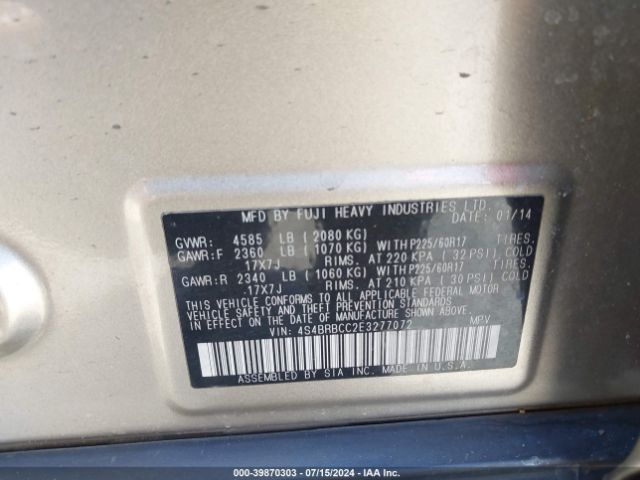4S4BRBCC2E3277072 Subaru Outback 2.5i Premium