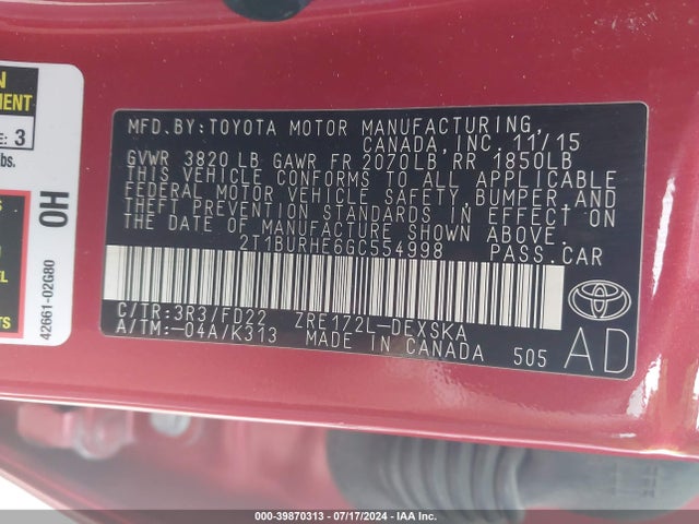 Toyota Corolla S Plus 2016 2T1BURHE6GC554998 Image 9