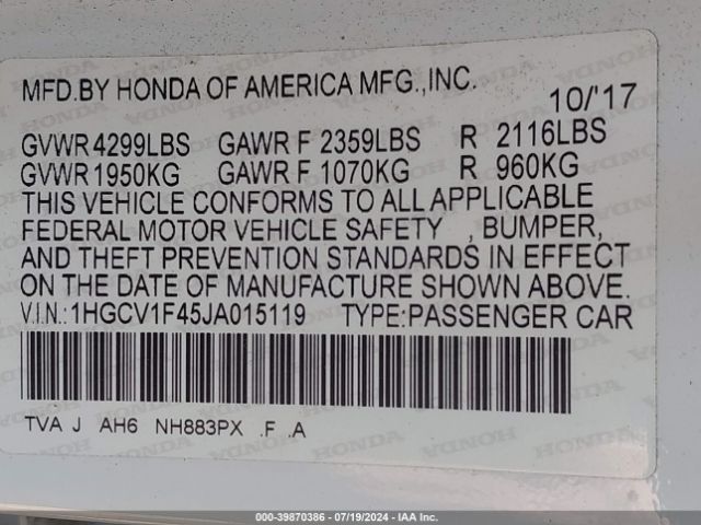 1HGCV1F45JA015119 Honda ACCORD EX