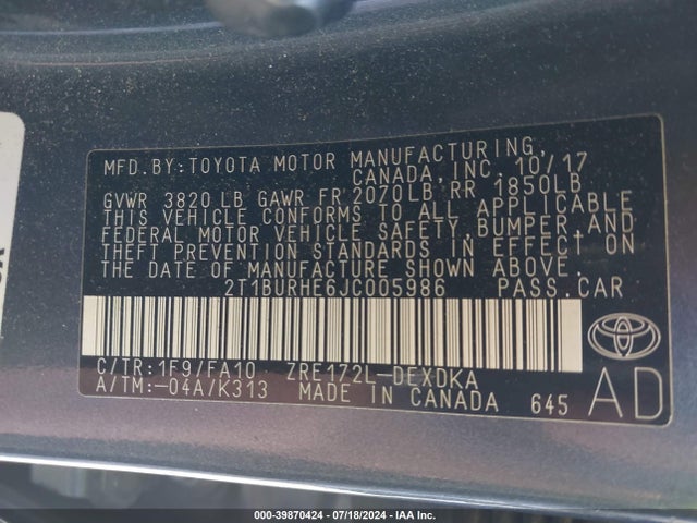 Toyota COROLLA L 2018 2T1BURHE6JC005986 Image 9