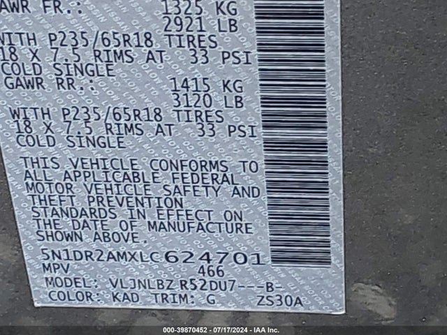 Nissan Pathfinder S 4wd 2020 5N1DR2AMXLC624701 Image 9