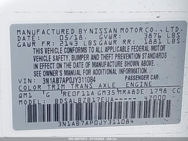 3N1AB7AP0JY311084 Nissan SENTRA S