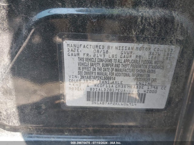 Nissan SENTRA SV 2019 3N1AB7AP2KL606914 Image 9
