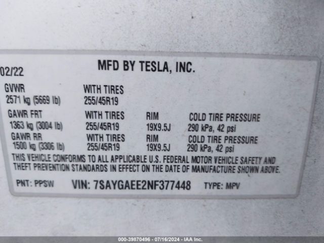 2022 TESLA MODEL Y 7SAYGAEE2NF377448 Photo 8