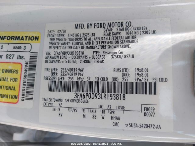 2020 FORD FUSION 3FA6P0D93LR193818 Photo 8