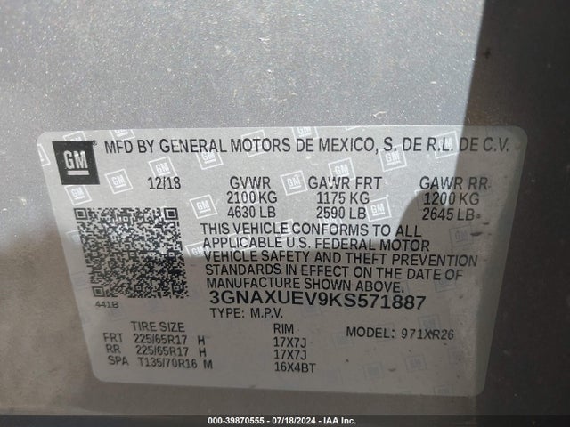 Chevrolet EQUINOX LT 2019 3GNAXUEV9KS571887 Image 9
