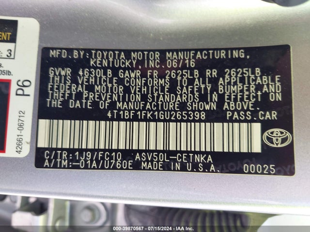 Toyota CAMRY LE 2016 4T1BF1FK1GU265398 Image 9