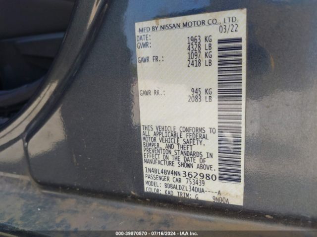1N4BL4BV4NN362980 Nissan Altima S Fwd