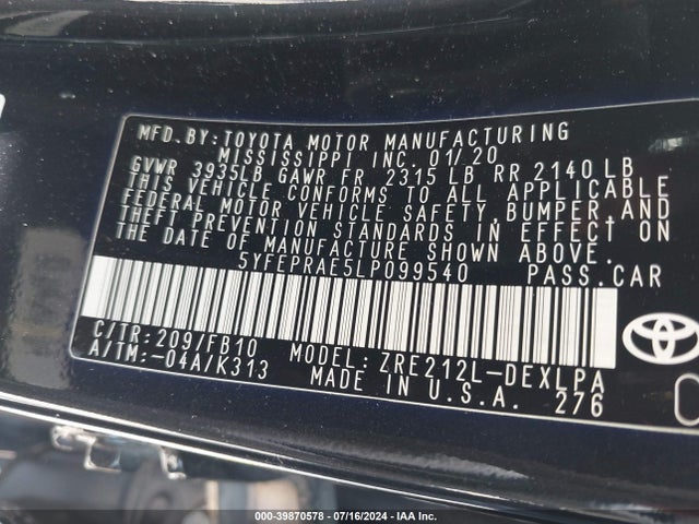 Toyota COROLLA LE 2020 5YFEPRAE5LP099540 Image 9