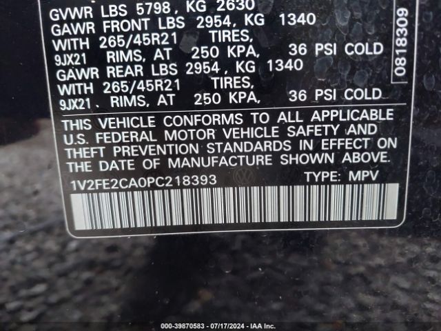 1V2FE2CA0PC218393 Volkswagen Atlas Cross Sport 3.6l V6 Sel Premium R-line