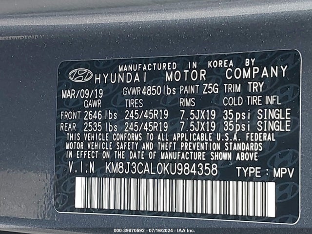 Hyundai Tucson Night 2019 KM8J3CAL0KU984358 Image 9