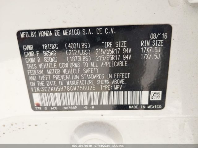 3CZRU5H78GM756025 Honda Hr-v Ex-l
