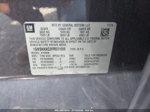 1GNSKKKC9FR531666 Chevrolet Suburban 1500 Ltz
