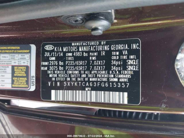 5XYKTCA63FG615357 KIA SORENTO LX