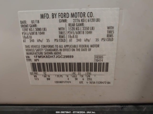 Ford EXPLORER XLT 2018 1FM5K8DH7JGC29889 Image 9