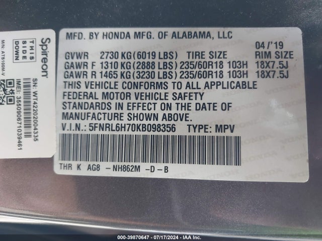 Honda Odyssey Ex-l 2019 5FNRL6H70KB098356 Image 9