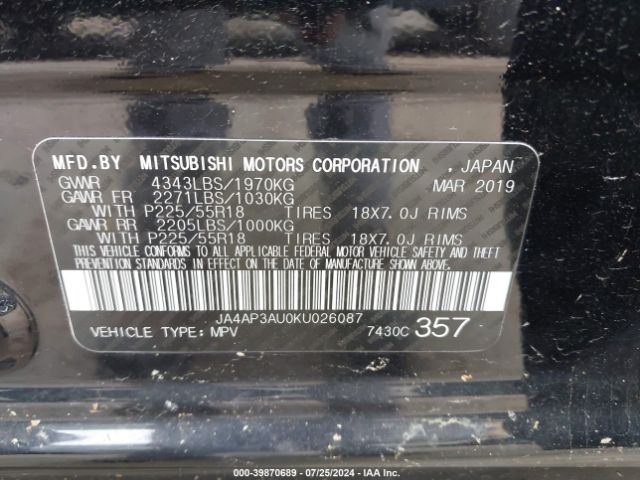 JA4AP3AU0KU026087 Mitsubishi Outlander Sport 2.0 Es