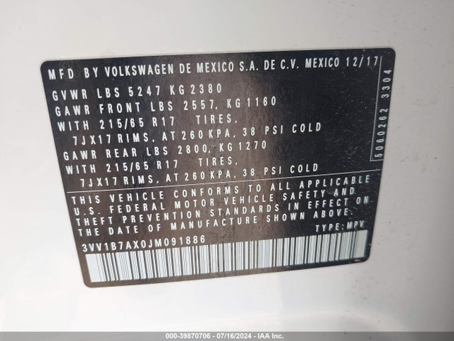 3VV1B7AX0JM091886 Volkswagen Tiguan 2.0t S