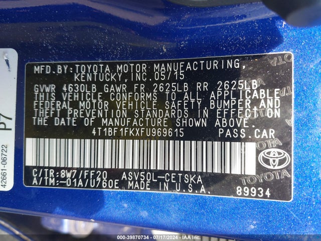 Toyota CAMRY SE 2015 4T1BF1FKXFU969615 Image 9