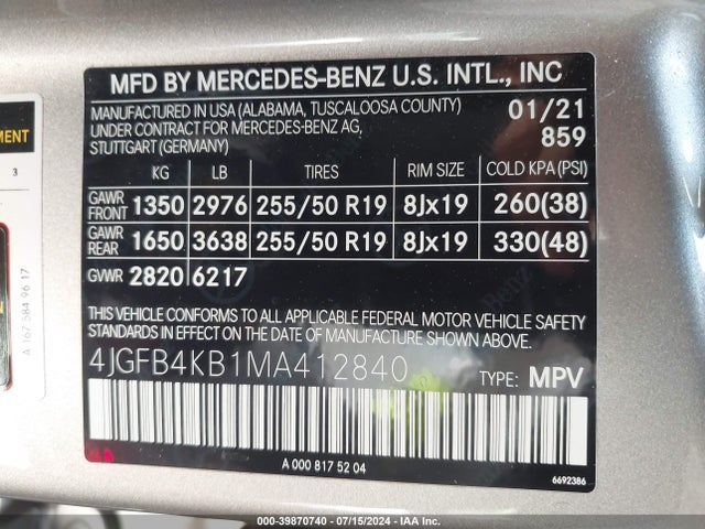 4JGFB4KB1MA412840 Mercedes-Benz Gle 350 4matic