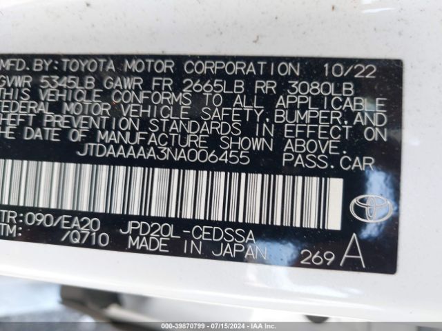 JTDAAAAA3NA006455 Toyota Mirai Xle