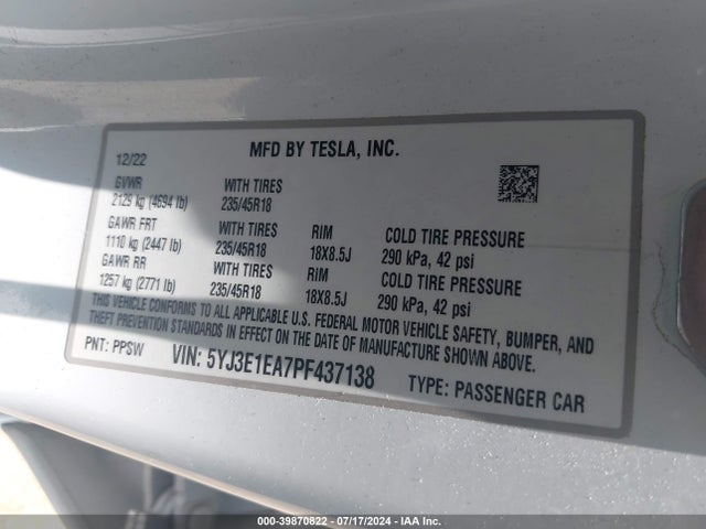 Tesla Model 3 Rear-wheel Drive 2023 5YJ3E1EA7PF437138 Image 9