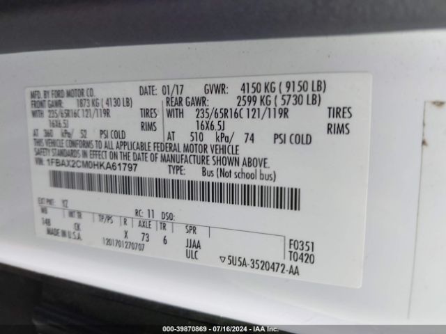 1FBAX2CM0HKA61797 Ford Transit-350 Xlt