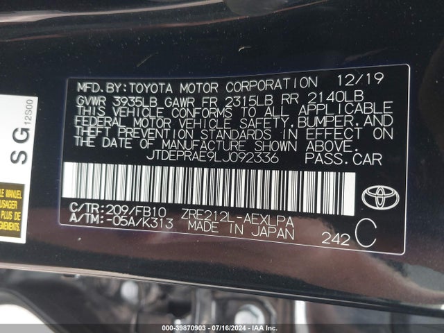 Toyota COROLLA LE 2020 JTDEPRAE9LJ092336 Image 9