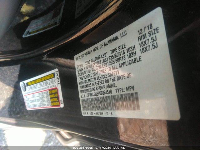 Honda ODYSSEY EX 2019 5FNRL6H53KB064510 Image 9